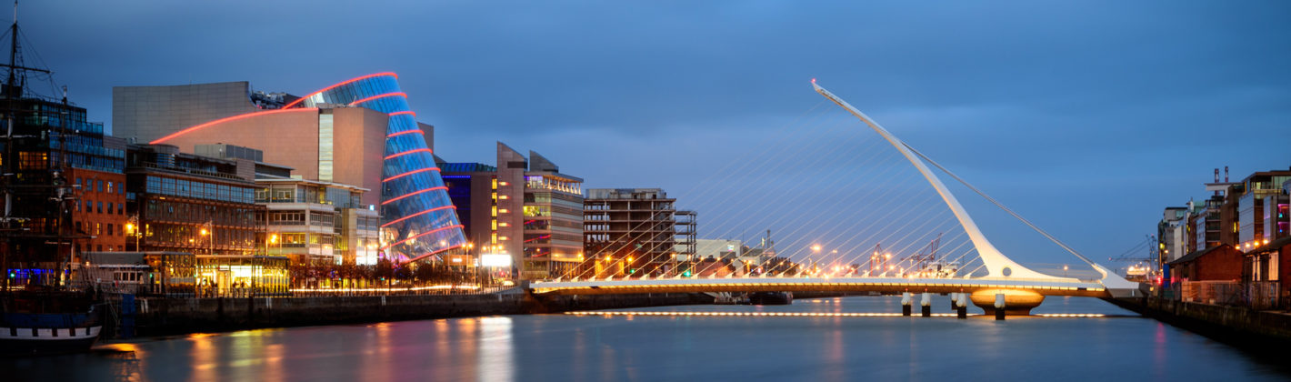 Samuel Beckett Bridge is a cable-stayed bridge in Dublin that joins Sir John Rogerson's Quay on the south side of the River Liffey to Guild Street and North Wall Quay in the Docklands area.