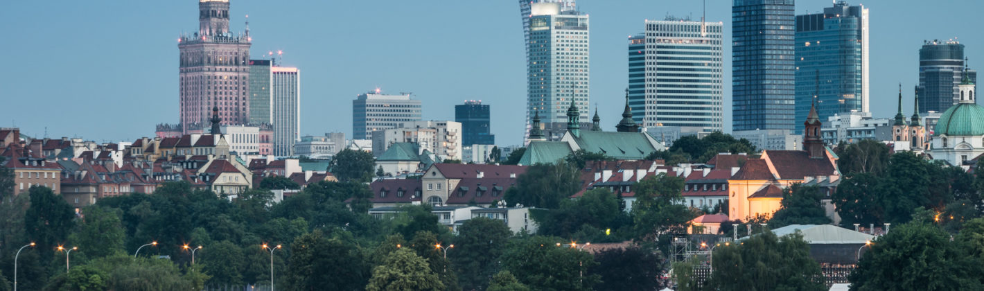 Evening panorama of Warsaw waterfront and downtown skyline