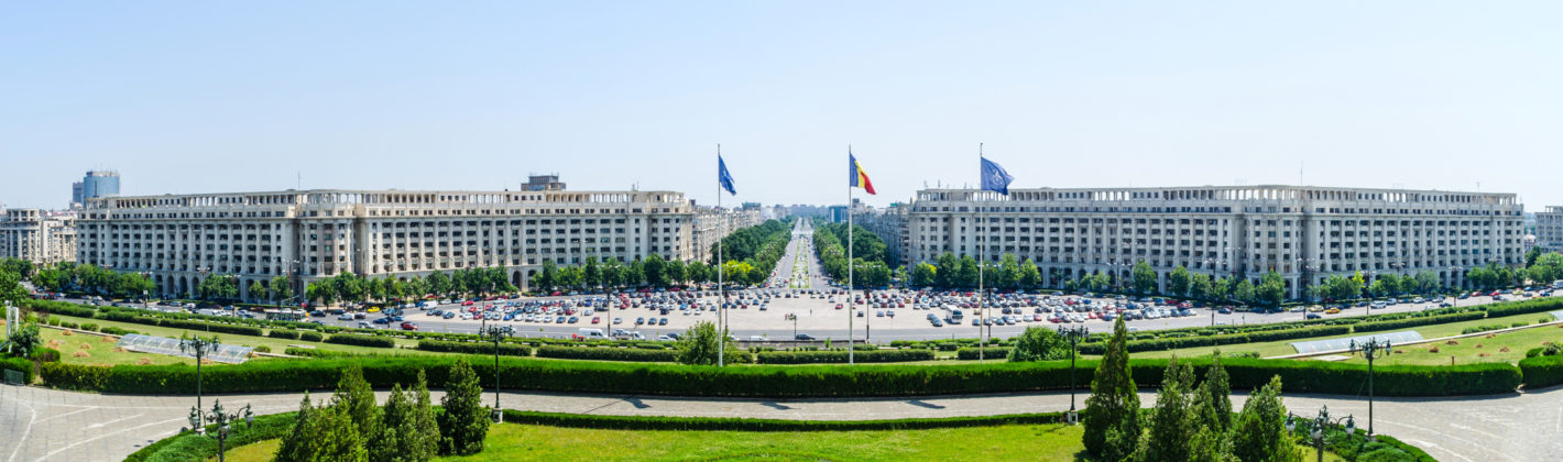 view of the constitution square taken from the terrace of the romanian parliament.