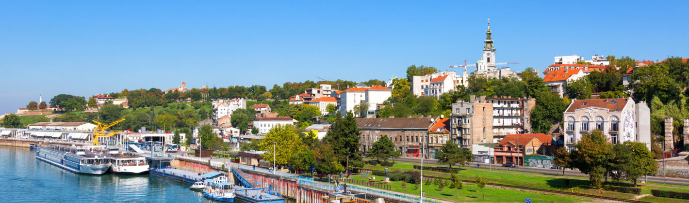 Belgrade from river Sava with tourist riverboats on a sunny day