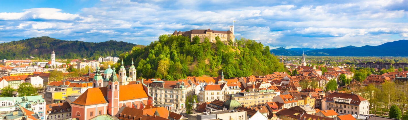 Panorama of the vibrant Slovenian capital Ljubljana in afternoon sun.